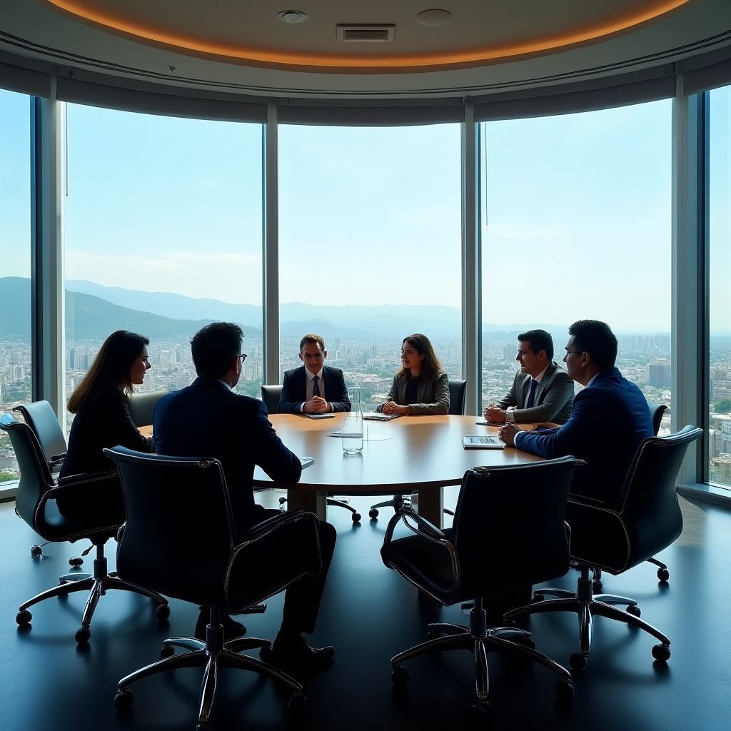 Equipo de FinanciaSalva reunido en oficina moderna discutiendo estrategias financieras
